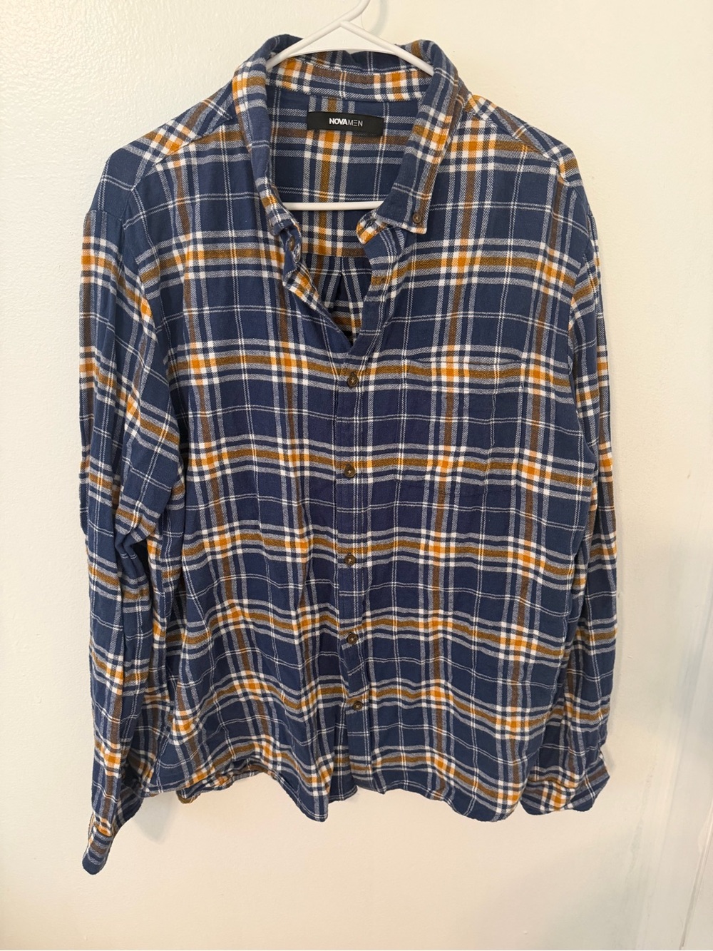 Fashion Nova Men's Navy and Mustard Plaid Button-Down Shirt